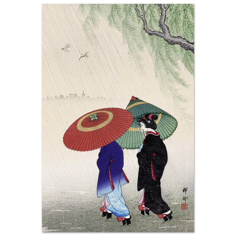 Two women in the rain by Ohara Koson