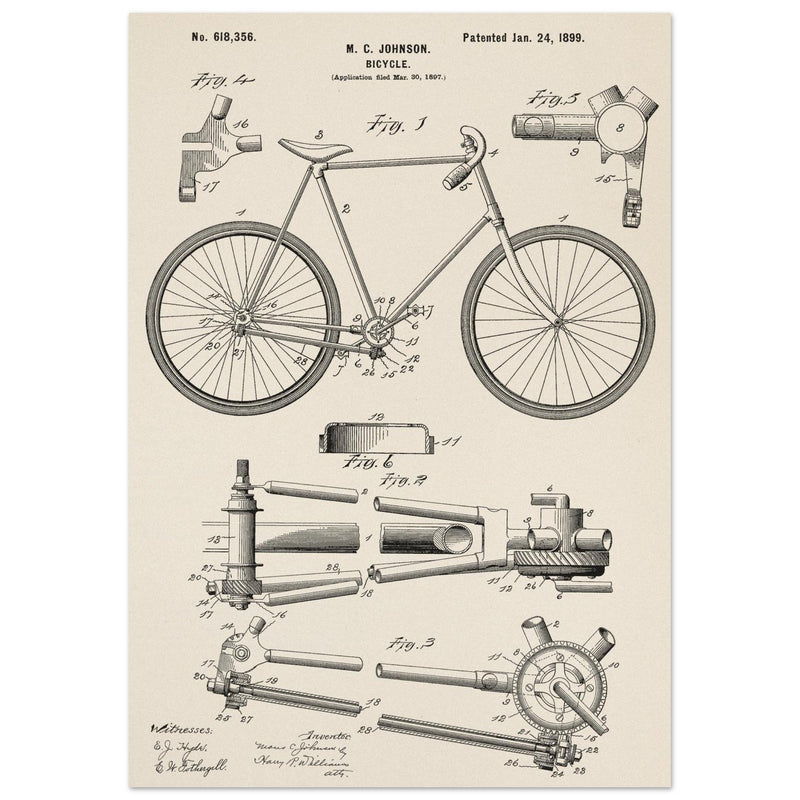 Vintage bicycle patent 1899 by M. C Johnson.