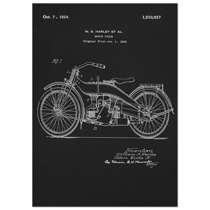 Vintage motorcycle patent by William S Harley founder of harley davidson.