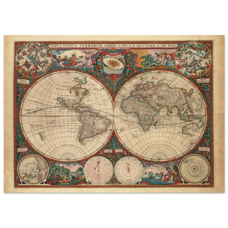 1660 Ancient old world map. Double hemisphere antique map reproduction.