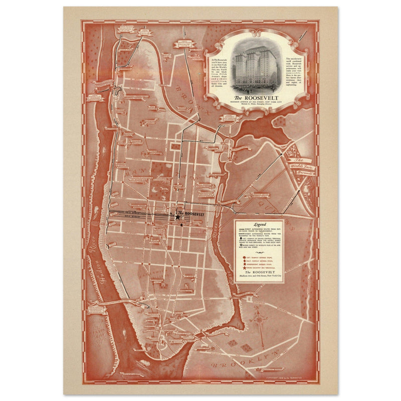 1938 New York City map. Created as an advertisement for the Roosevelt Hotel it includes major streets of Manhattan