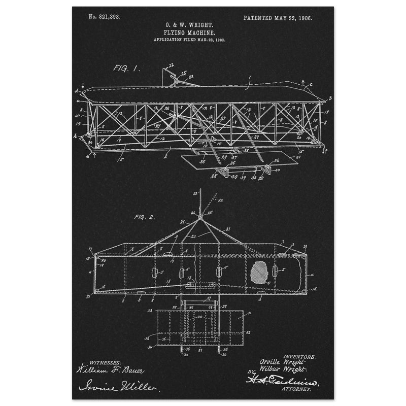 Flying machine patent 1906 by the Wright brothers. Vintage airplane.