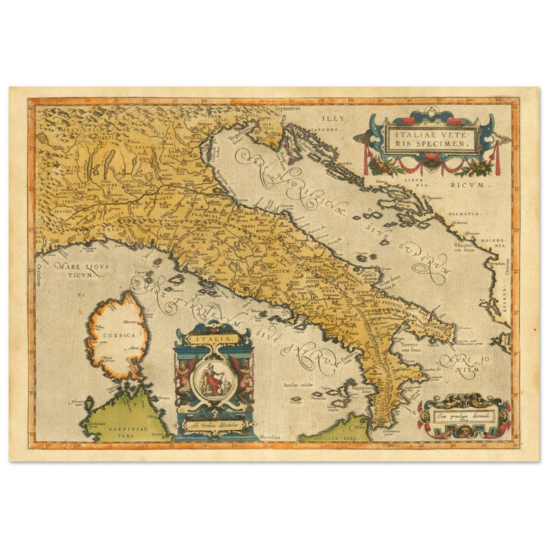 Ancient map of Italy by Abraham Ortelius. Vintage historic map.