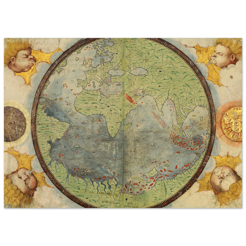 Vintage nautical world map poster reproduction by Lopo Homem 1519