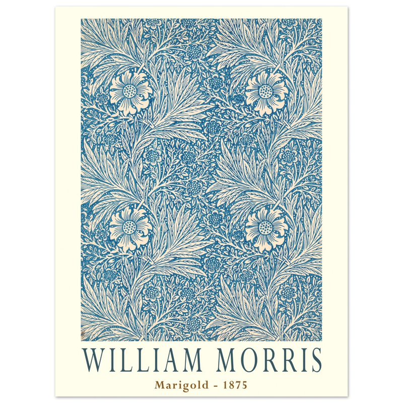 William Morris Marigold art print. Vintage wallpaper reproduction. Blue floral pattern.