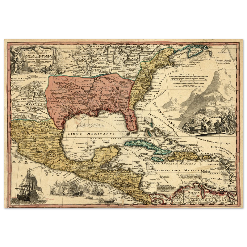 Ancient map of North America. Regni Mexicani seu Novae Hispaniae, Ludovicianae, N. Angliae, Carolinae, Virginae et Pennsylvaniae by Johann Baptist Homann