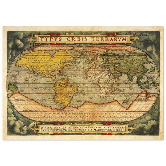 Ancient map reproduction print of a world map of 1579 Typus Orbis Terrarum by Abraham Ortelius.