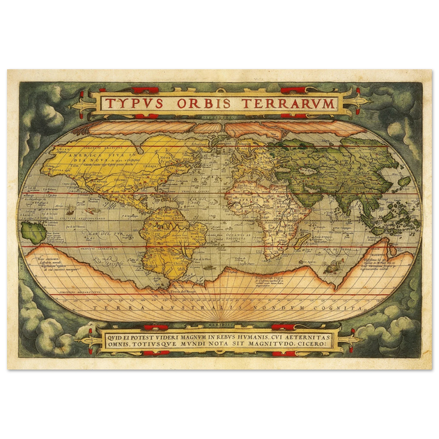 Ancient map reproduction print of a world map of 1579 Typus Orbis Terrarum by Abraham Ortelius.