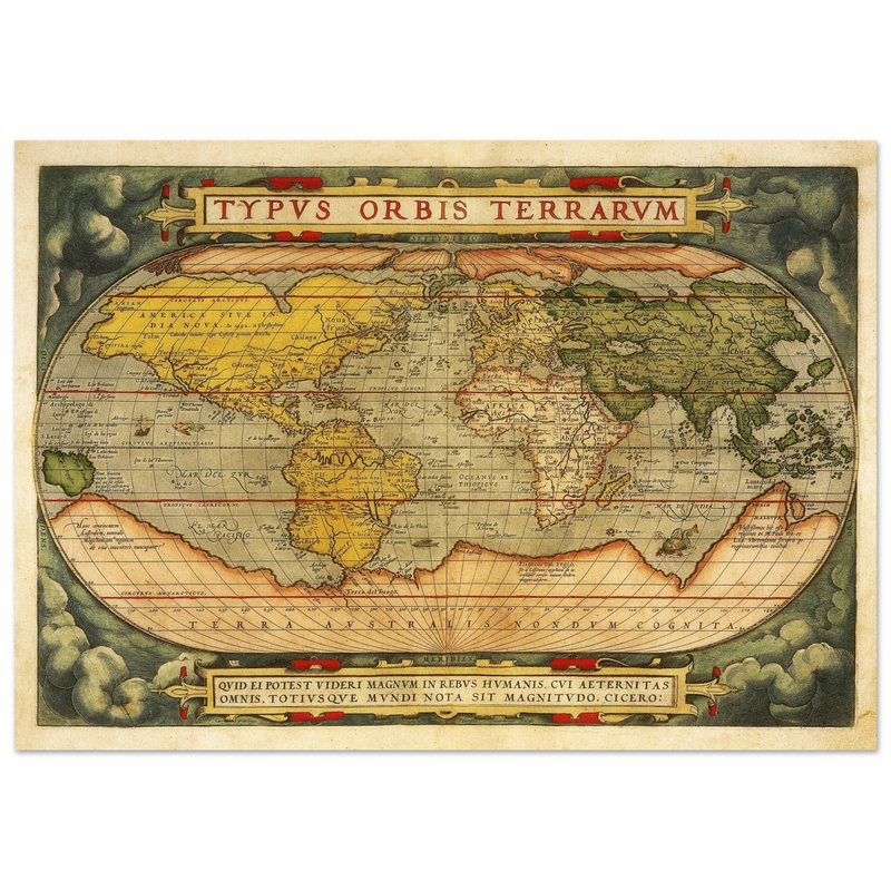 Ancient map reproduction print of a world map of 1579 Typus Orbis Terrarum by Abraham Ortelius.