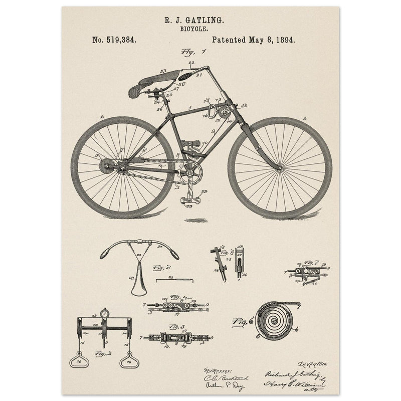 Vintage bicycle patent by Richard J Gatling 1894