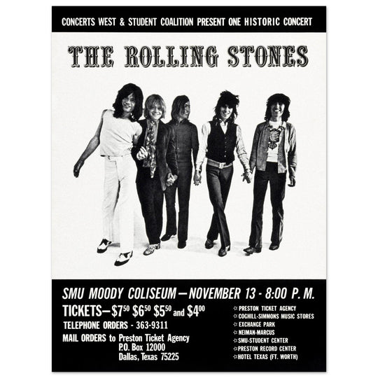 The Rolling Stones music poster of their performance at Dallas Texas in 1969.