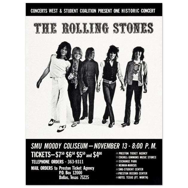 The Rolling Stones music poster of their performance at Dallas Texas in 1969.