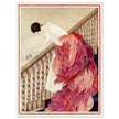 George Wolfe Plank vintage fashion magazine illustration. Woman on staircase throwing down rose flower.