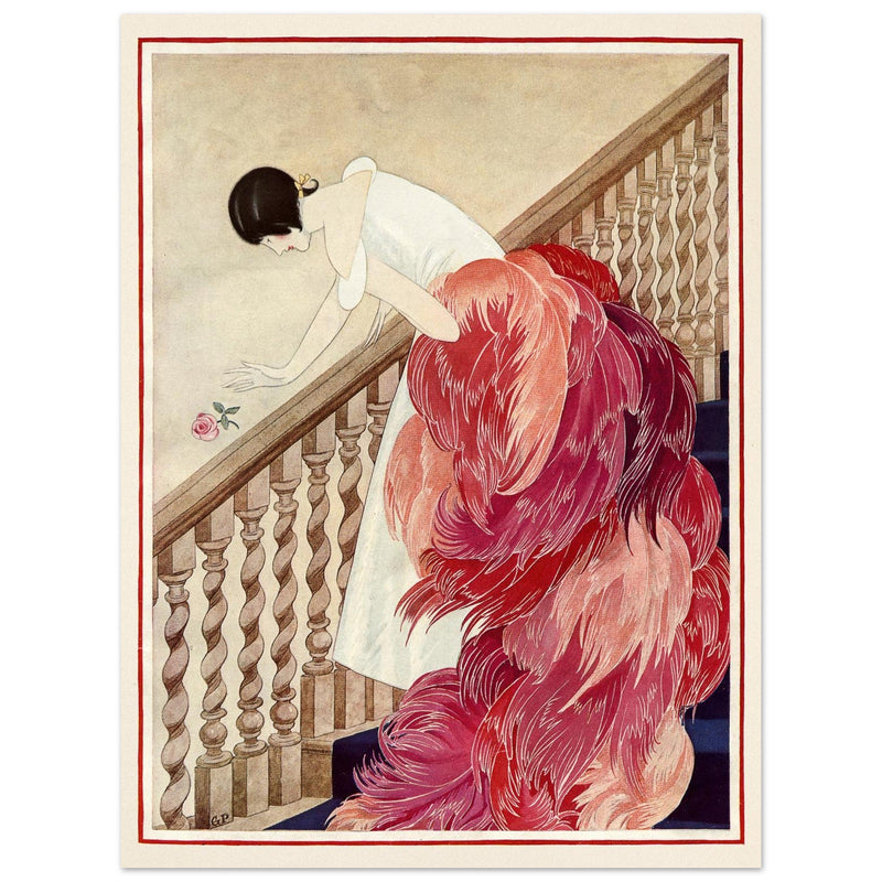 George Wolfe Plank vintage fashion magazine illustration. Woman on staircase throwing down rose flower.
