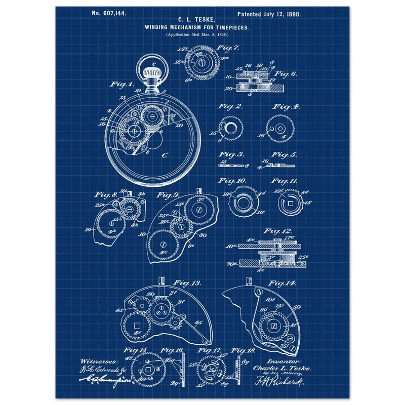 Winding Mechanism for Time Pieces, vintage clock patent .