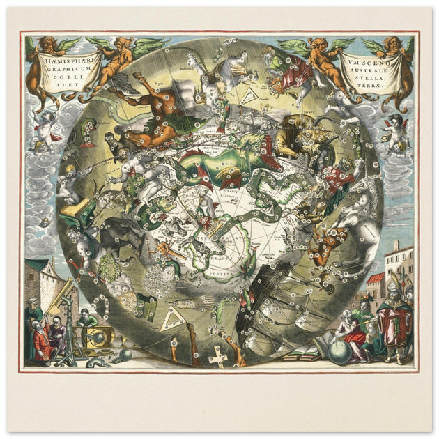 Southern celestial hemisphere with star constellations by Andreas Cellarius.