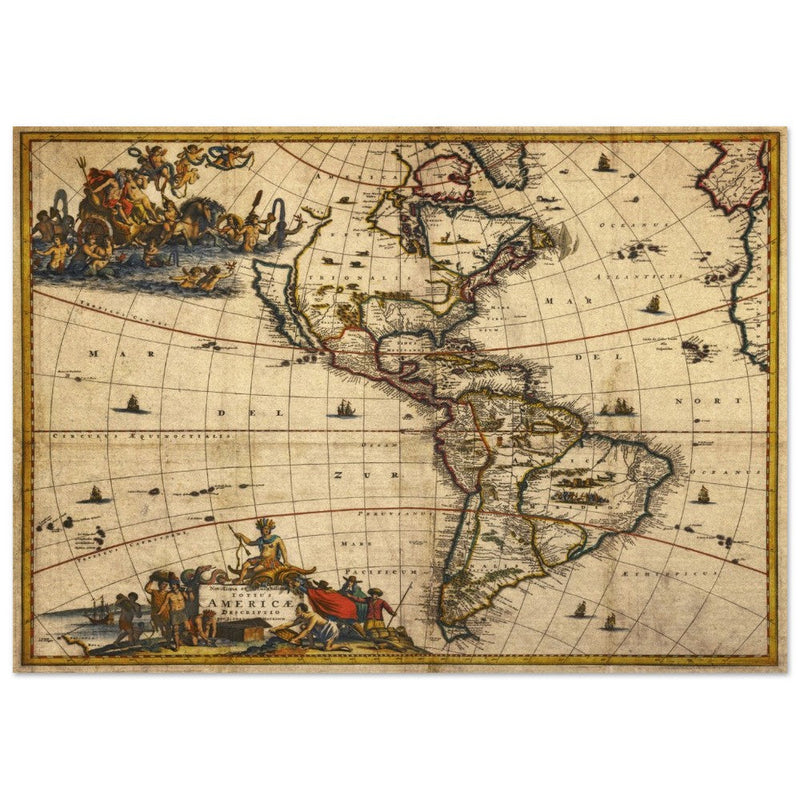 Ancient old illustrated map of America by Jacobum Meursium XVII Century
