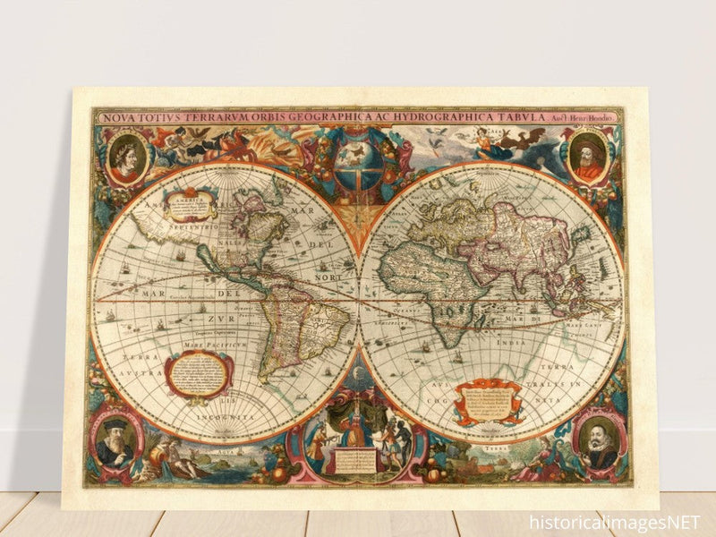 1638 Double hemisphere old world map by Hendrik Hondius.