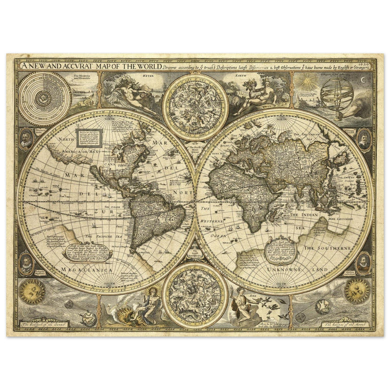 Old World map 1626. John Speed famous double hemisphere cartography with beautiful illustrations.