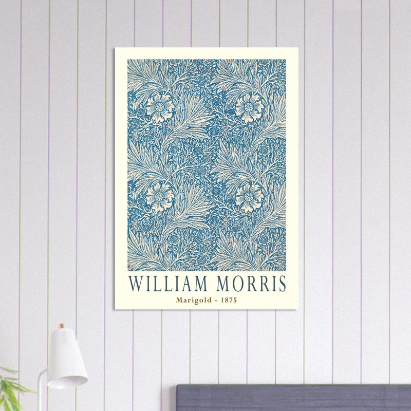 William Morris Marigold art print. Vintage wallpaper reproduction. Blue floral pattern.
