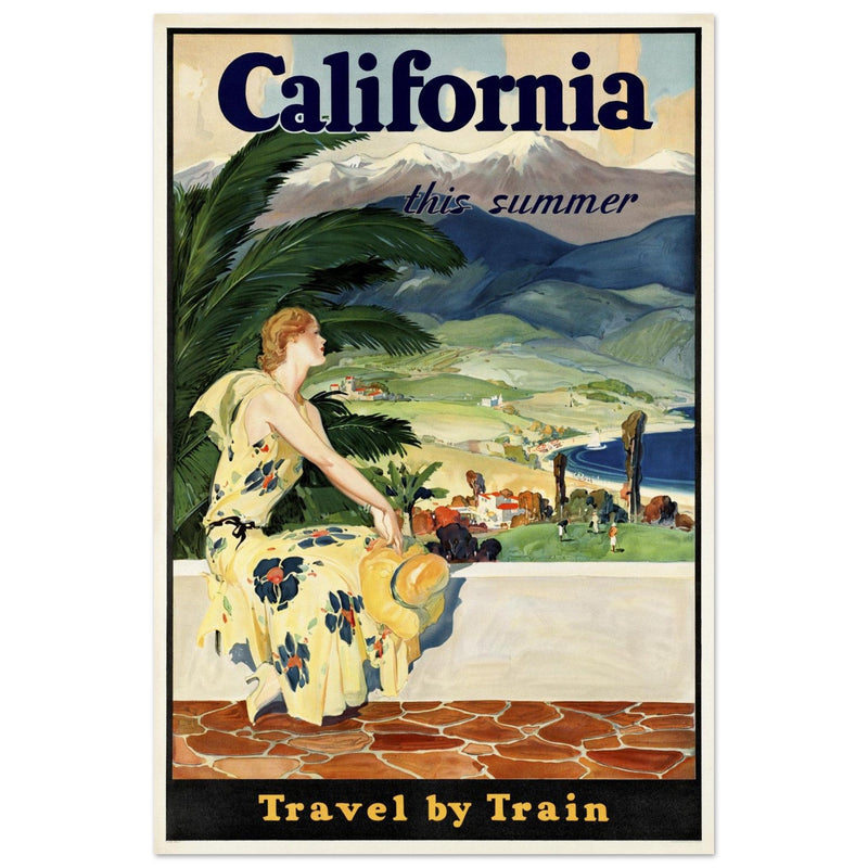 California this summer Travel by Train vintage poster. Travel advertising print.