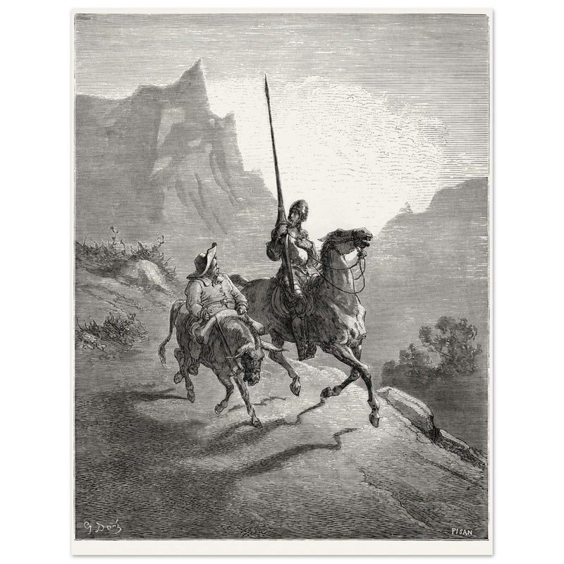 Don Quixote riding with Sancho Panza illustration by Gustave Dore.