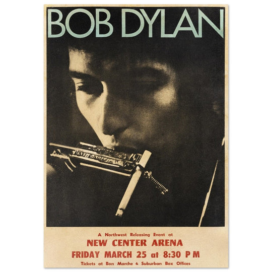 Bob Dylan poster reproduction.  of the poster that announced Bob Dylan playing at the New Center Arena.