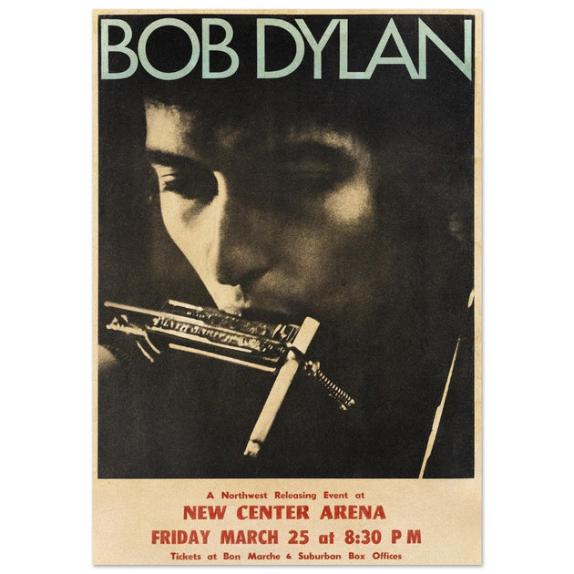 Bob Dylan poster reproduction.  of the poster that announced Bob Dylan playing at the New Center Arena.
