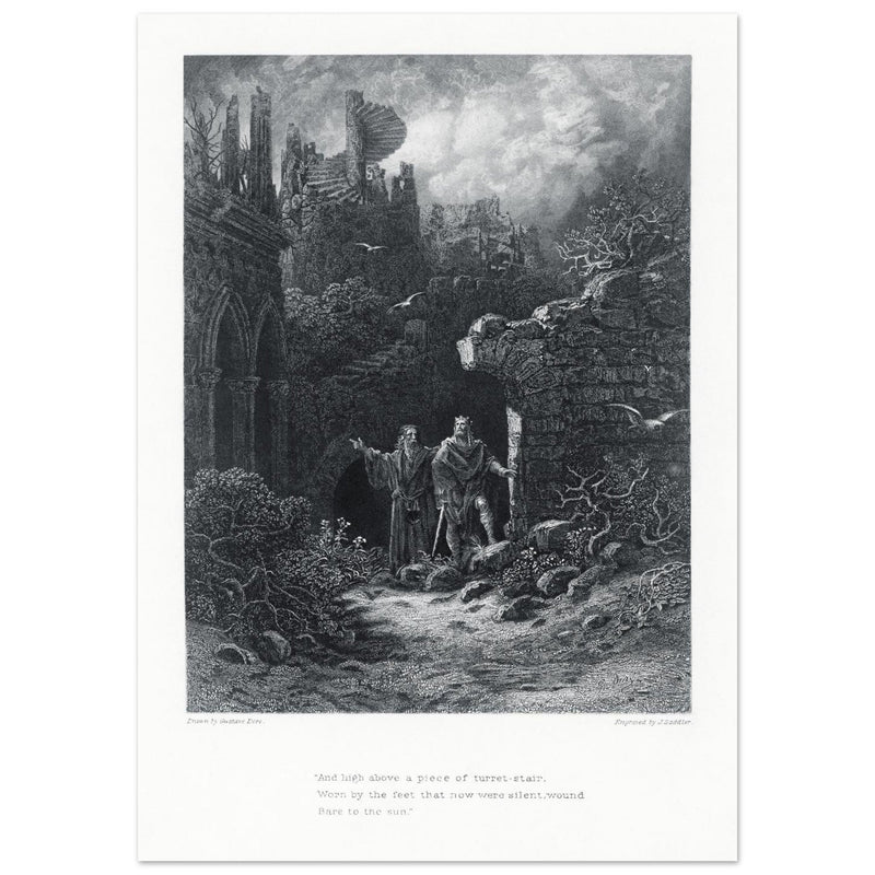 Gustave Dore illustration of King Arthur legends. Yniol Shows Prince Geraint His Ruined Castle. Idylls of the King by Alfred Tennyson