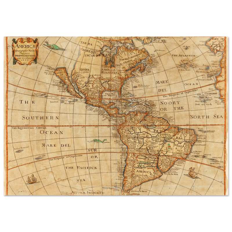 Ancient map of America. "Americae Descriptio Nova" by Philip Chetwind