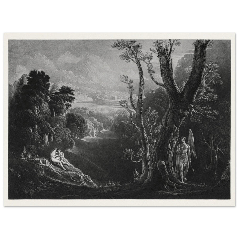 John Martin mezzotint engraving . Satan Contemplating Adam and Eve in Paradise. Paradise Lost by Milton.