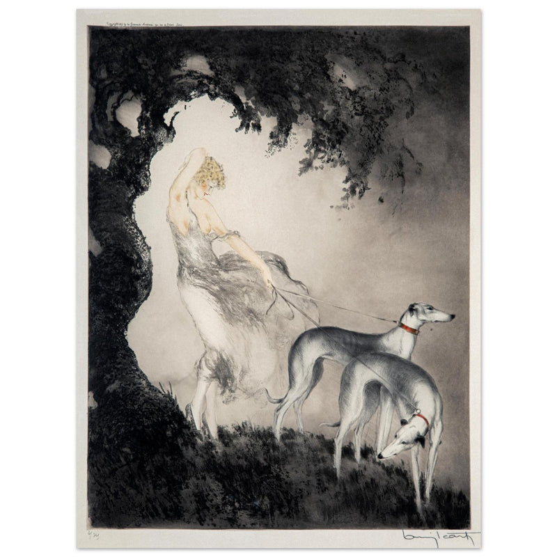 Louis Icart’s Gust of Wind (1925) Woman with her greyhound dogs.
