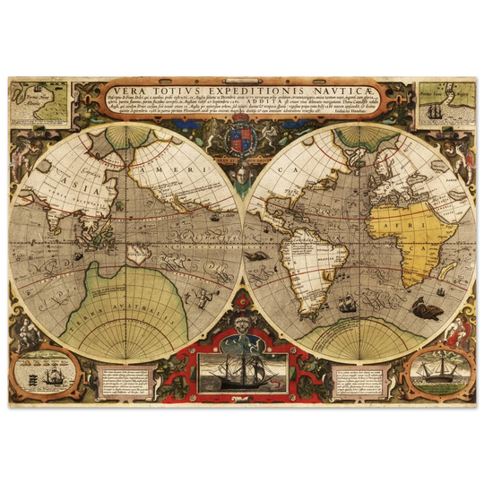 Vera Totius Expeditionis Nauticae double hemisphere map by Jodocus Hondius