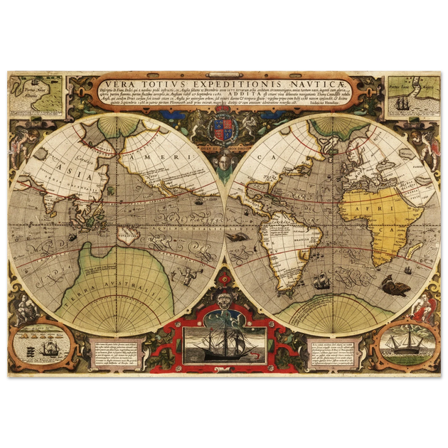 Vera Totius Expeditionis Nauticae double hemisphere map by Jodocus Hondius