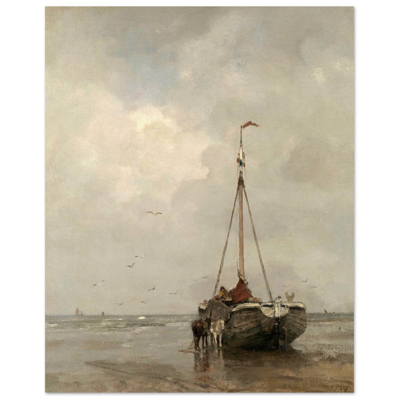 Jacob Maris old marine painting Bluff-bowed Fishing Boat on the Beach at Scheveningen.
