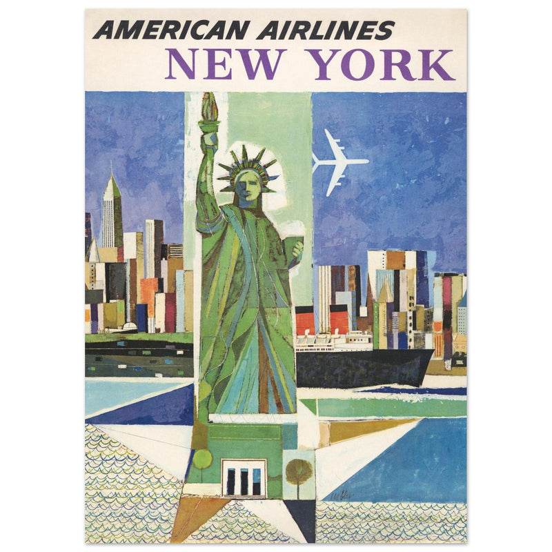 New York City vintage travel advertising poster for American Airlines. Statue of Liberty
