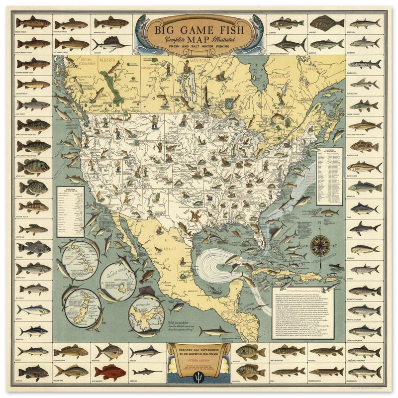 Fresh and Salt Water Big Game Fishing illustrated vintage map by Joe Godfrey Jr and Gordon Ertz