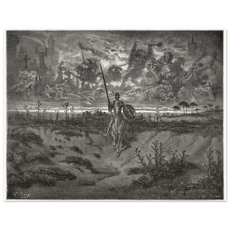 Don Quixote riding his horse by Gustave Dore dreaming of a life full of adventures.