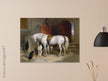 White horse in stable with dogs antique painting by Edwin Landseer.