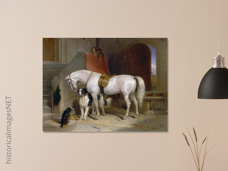White horse in stable with dogs antique painting by Edwin Landseer.