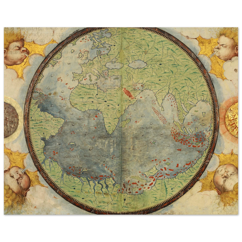 Vintage nautical world map poster reproduction by Lopo Homem 1519