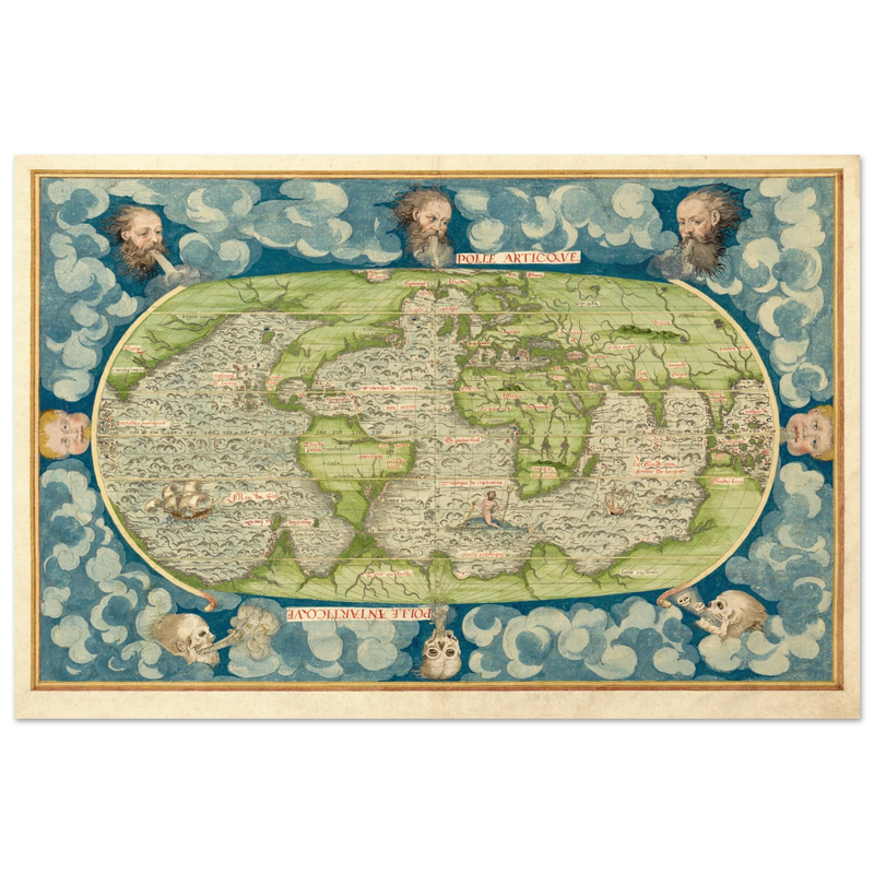 Ancient vintage old map of the world poster reproduction by Guillaume Le Testu 1555