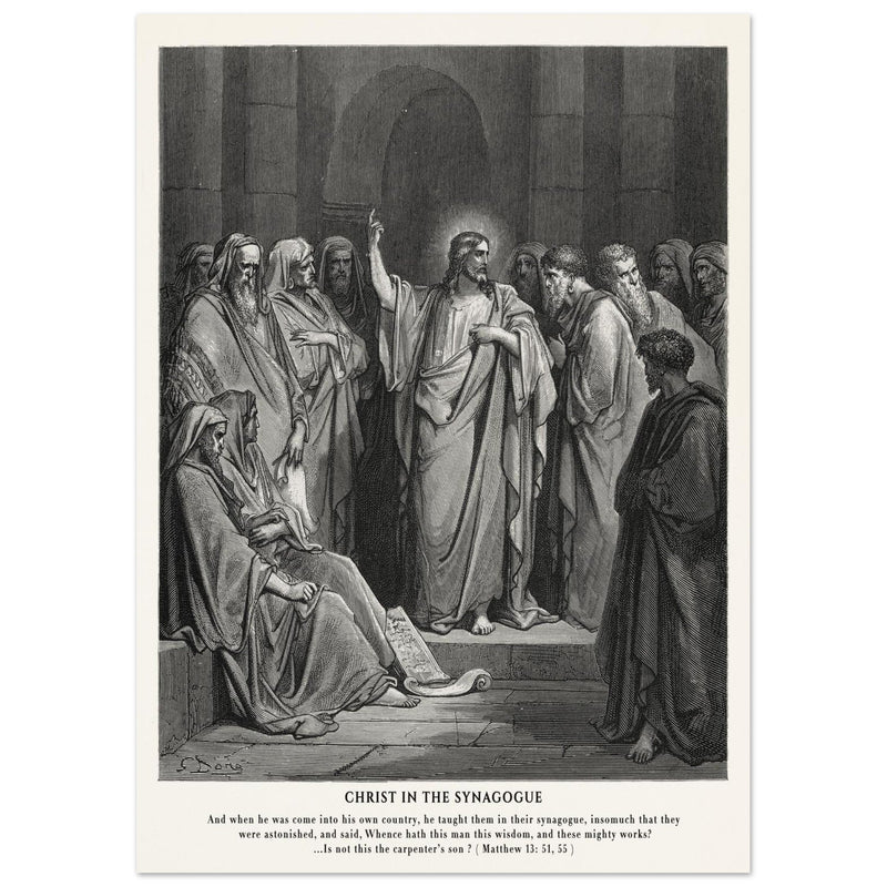 Gustave Dore The Bible engraving print . Christ in the synagogue illustration .