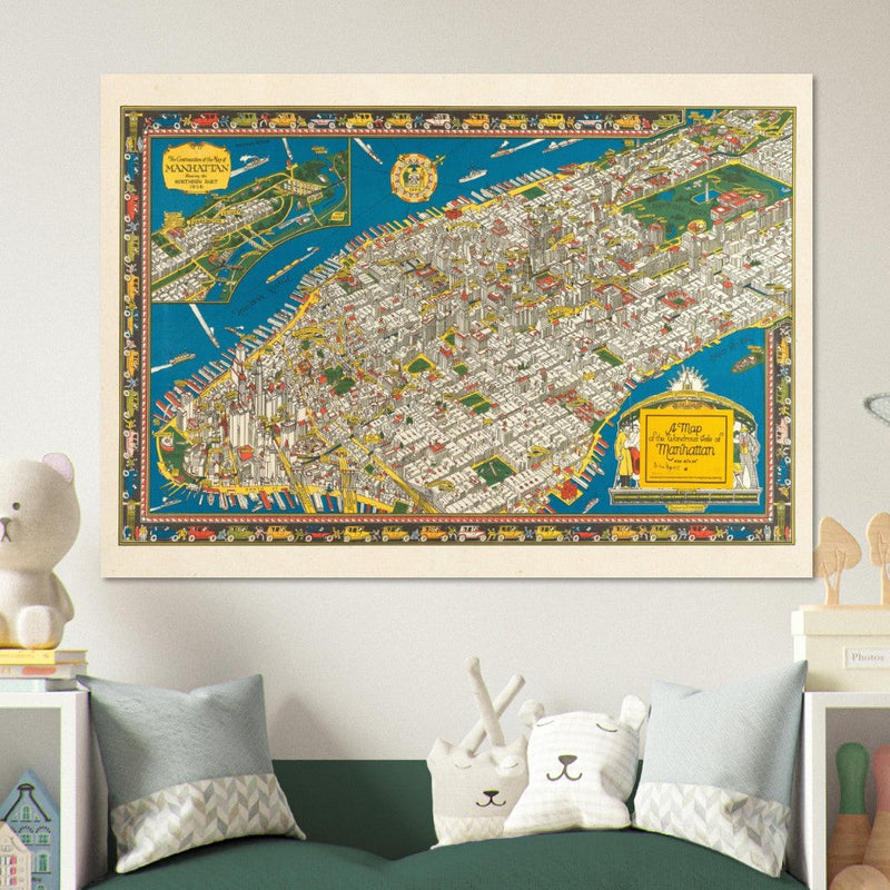 Old map of Manhattan New York City. Antique map reproduction of Manhattan of the 20's
