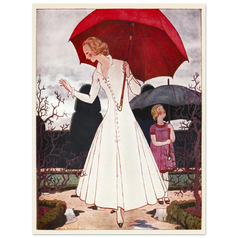 Pierre Brissaud vintage illustration for a fashion magazine cover. Mother with her daughter on a rainy day.