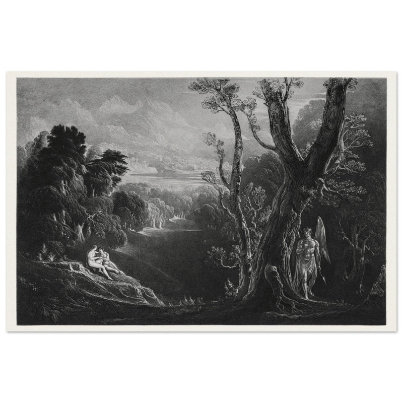John Martin mezzotint engraving . Satan Contemplating Adam and Eve in Paradise. Paradise Lost by Milton.