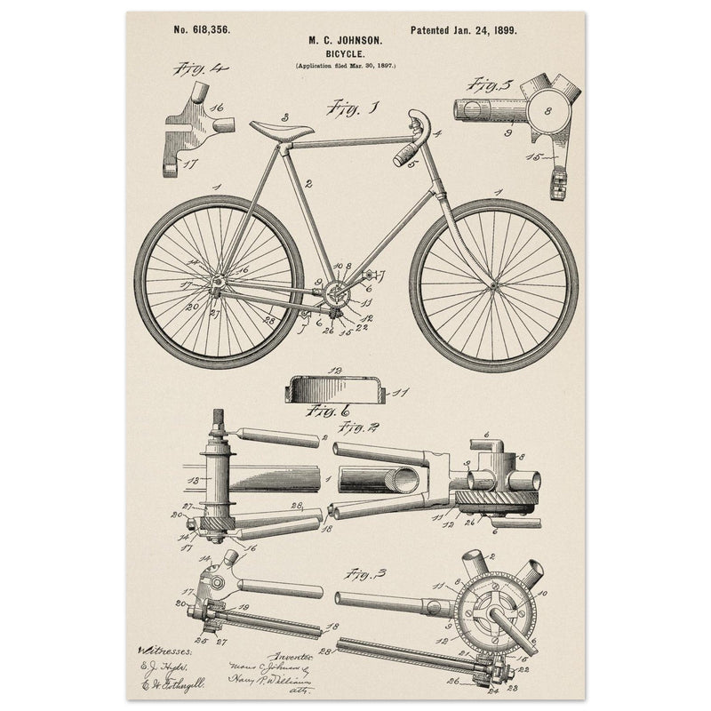 Vintage bicycle patent 1899 by M. C Johnson.