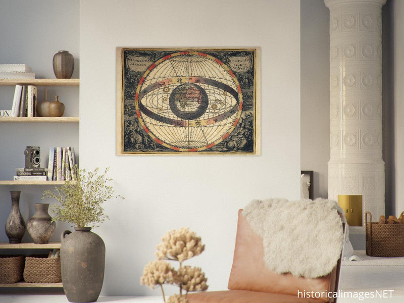Vintage planet earth world map. Antique retro universe illustration. Zodiac astronomic chart.