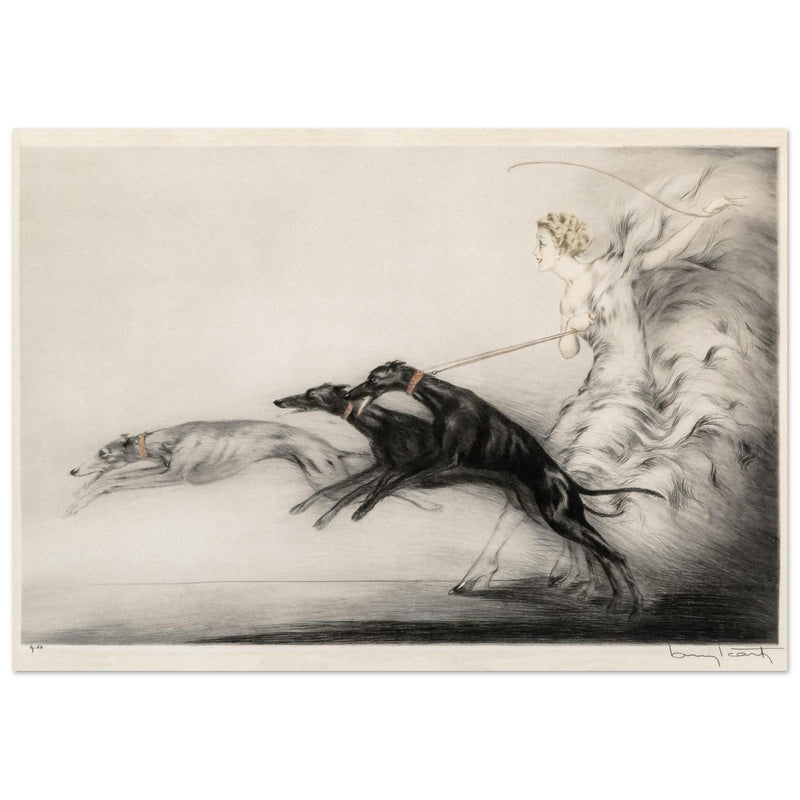 Louis Icart Speed 1927 Woman with greyhound dogs on the leash.