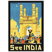 See India vintage travel poster. Charminar monument in Hyderabad.